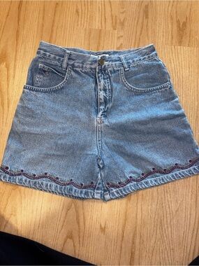 Embroidered Light Wash Denim Shorts - Blue with Burgundy Detail